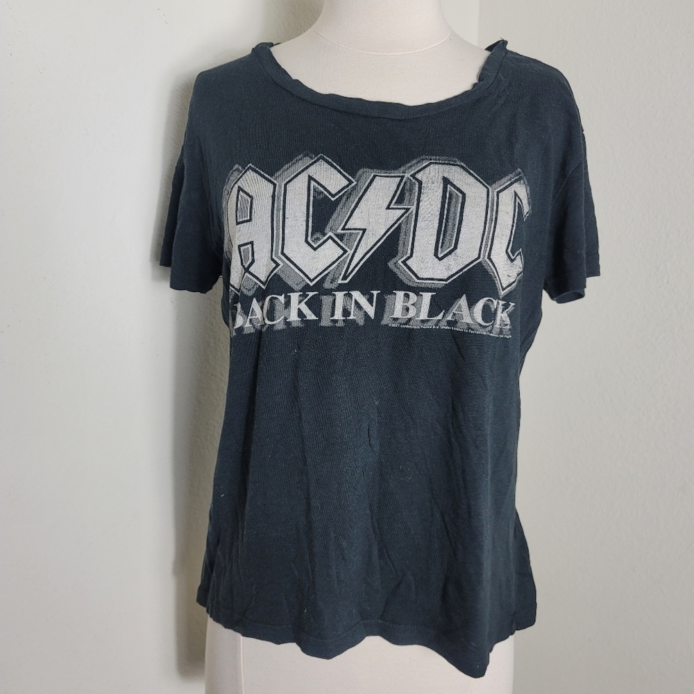 Chaser ACDC Grunge Back In Black Band Slouchy Shirt | Size S